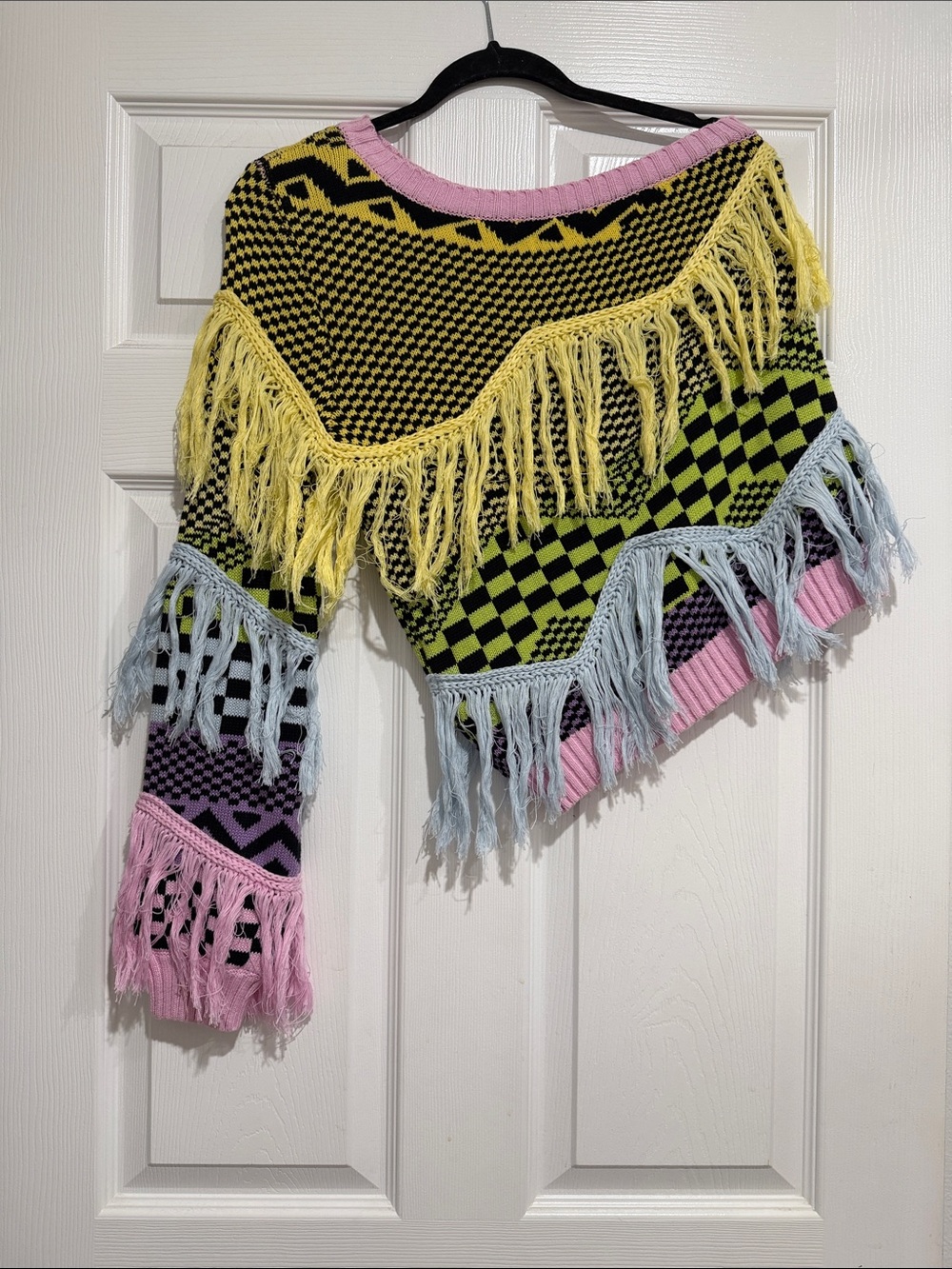Colorblock Fringe Off-the-Shoulder Sweater - Pink, Yellow, Blue